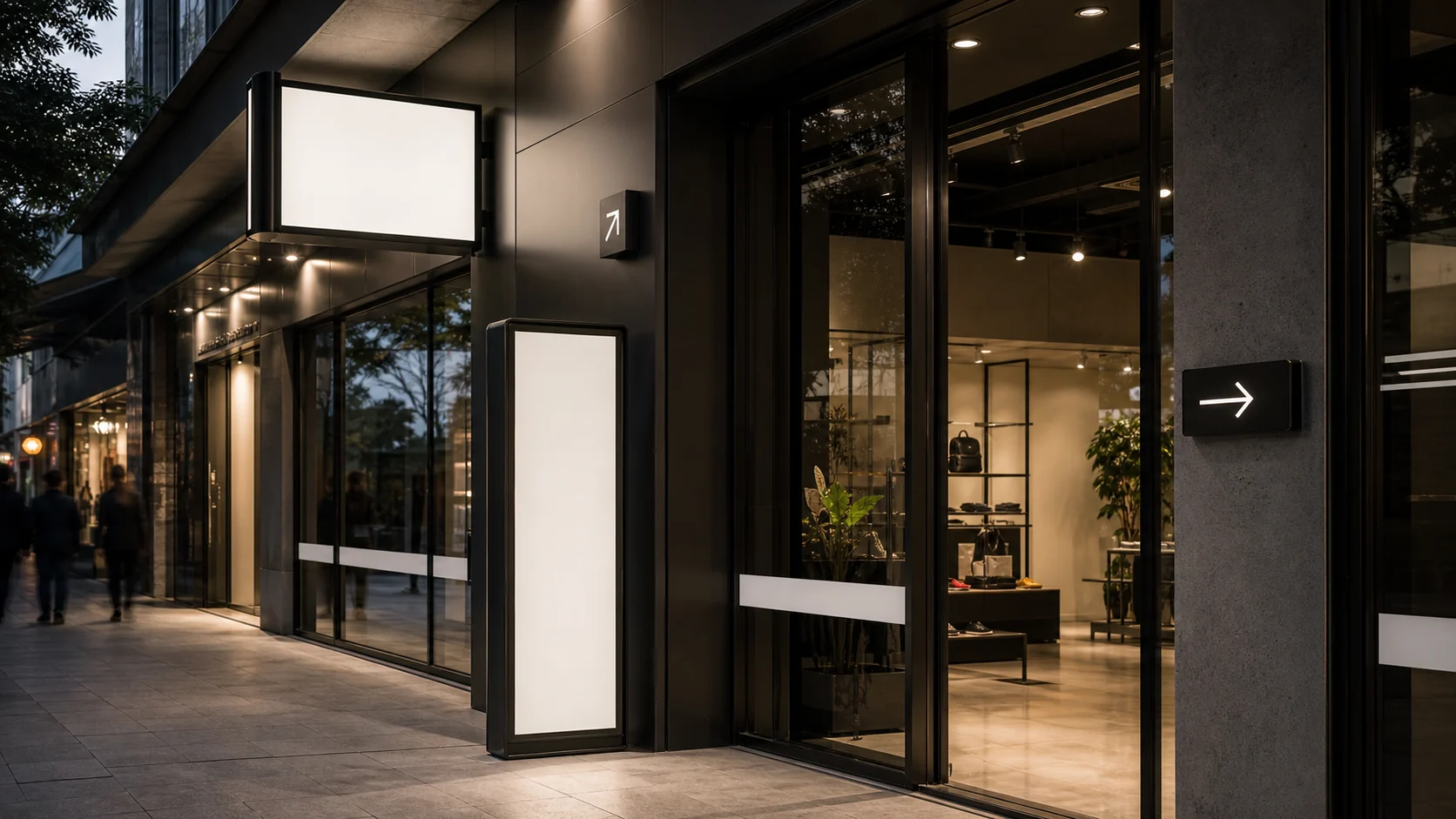 Aviso exterior iluminado y señalética arquitectónica en fachada comercial sobria