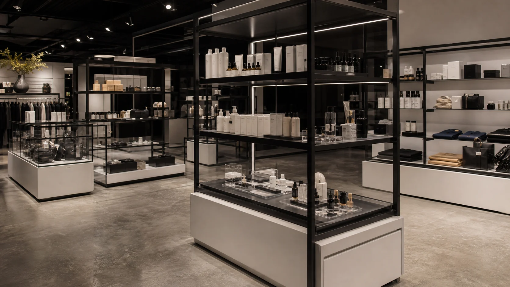 Exhibidor premium de retail con módulos negros y blancos, iluminación y acabados de alta especificación